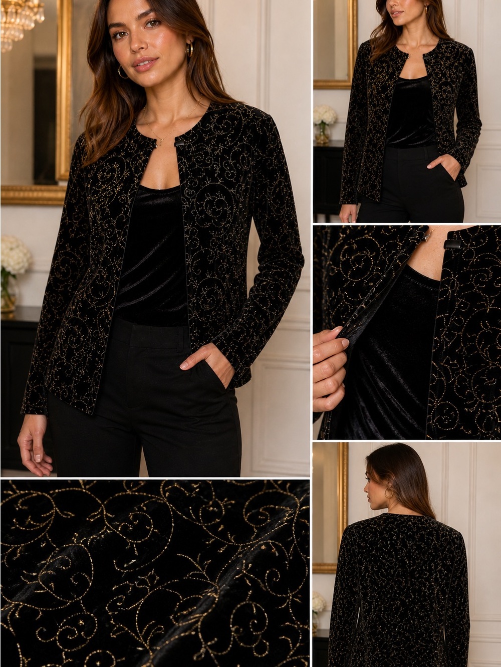 NWOT Velvet Luxe Black Gold Embroidered Jacket Top XL Evening Chic